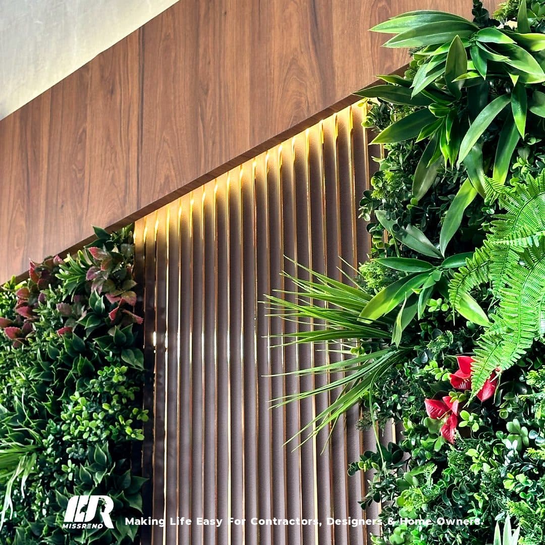 MissReno showroom — green wall beside fluted timber panelling